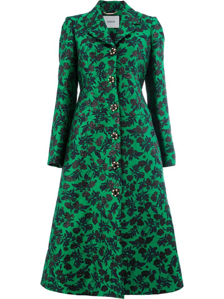 Erdem Floral Print Flared Coat - Green
