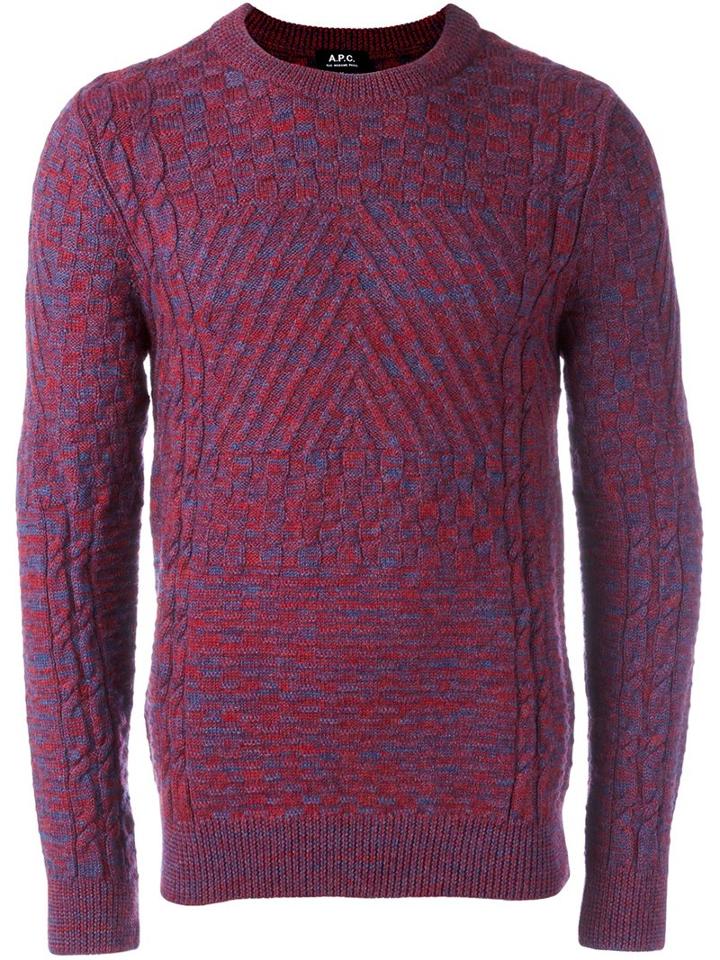 A.p.c. Contrast Knit Crew Neck Sweater, Men's, Size: Large, Red, Wool