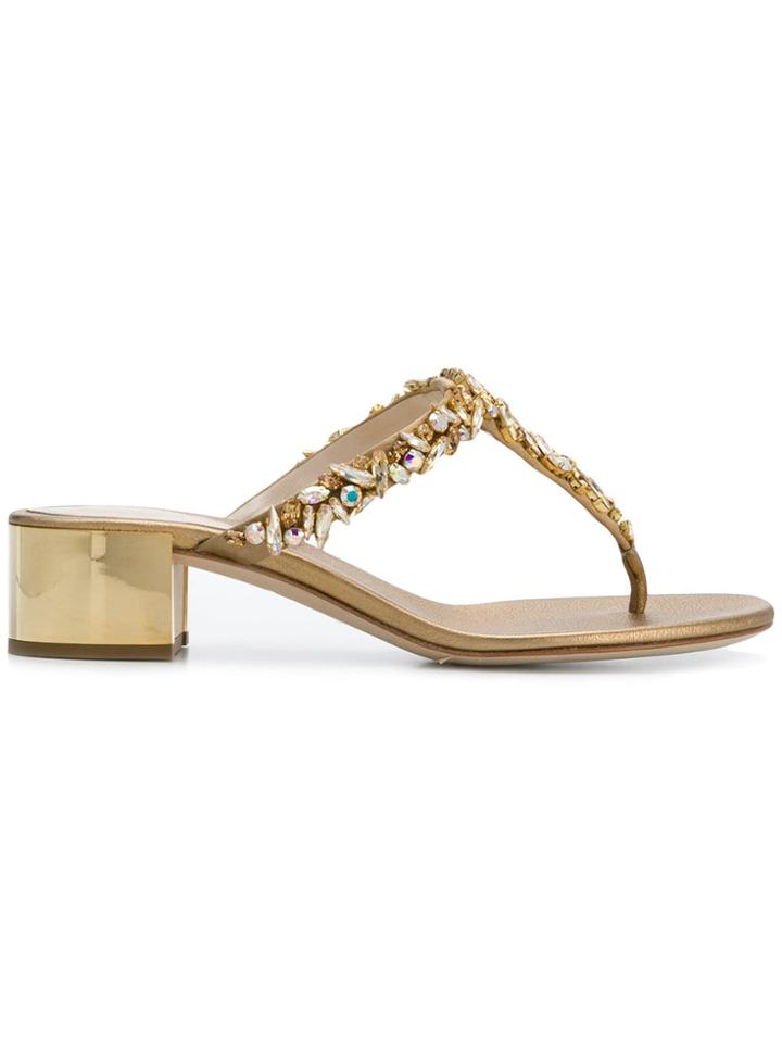 René Caovilla Crystal Embellished Block Heel Sandals - Metallic