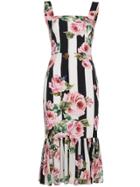 Dolce & Gabbana Rose And Stripe Print Silk Dress - Black