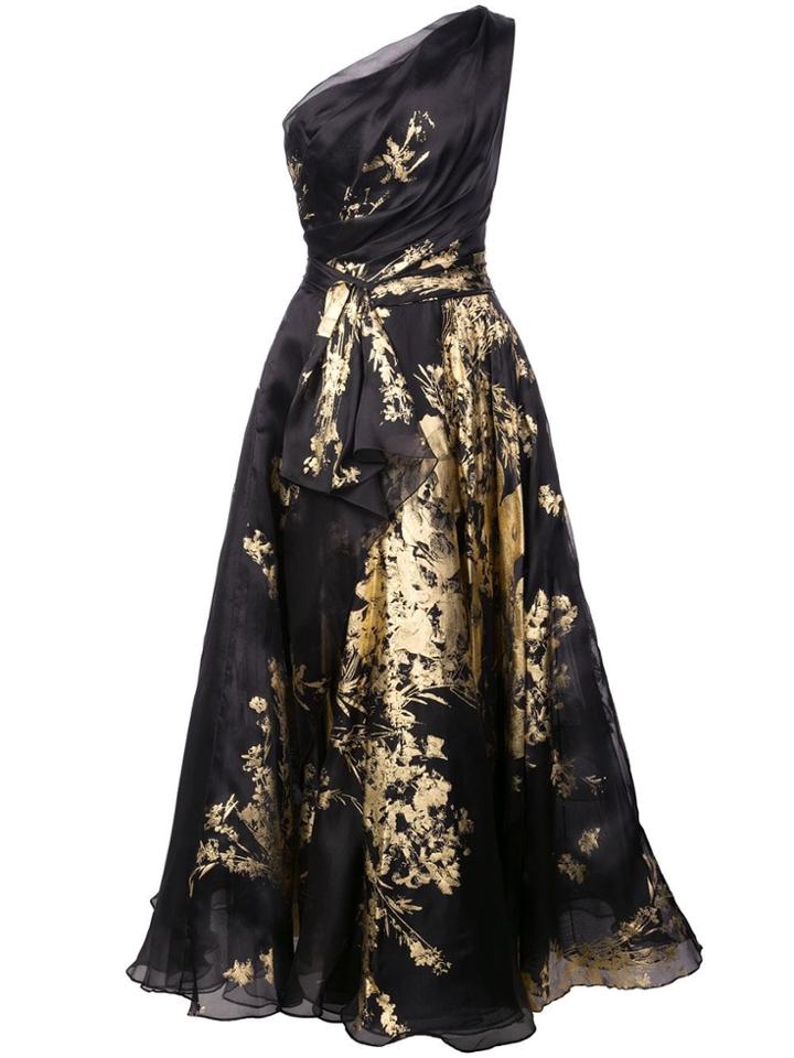 Marchesa One Shoulder Foil Tea Dress - Black