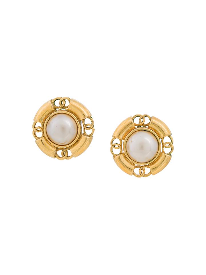 Chanel Vintage Faux Pearl Round Earrings - White