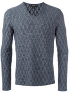 Giorgio Armani Diamond Knit V-neck Jumper, Men's, Size: 52, Blue, Cotton/virgin Wool