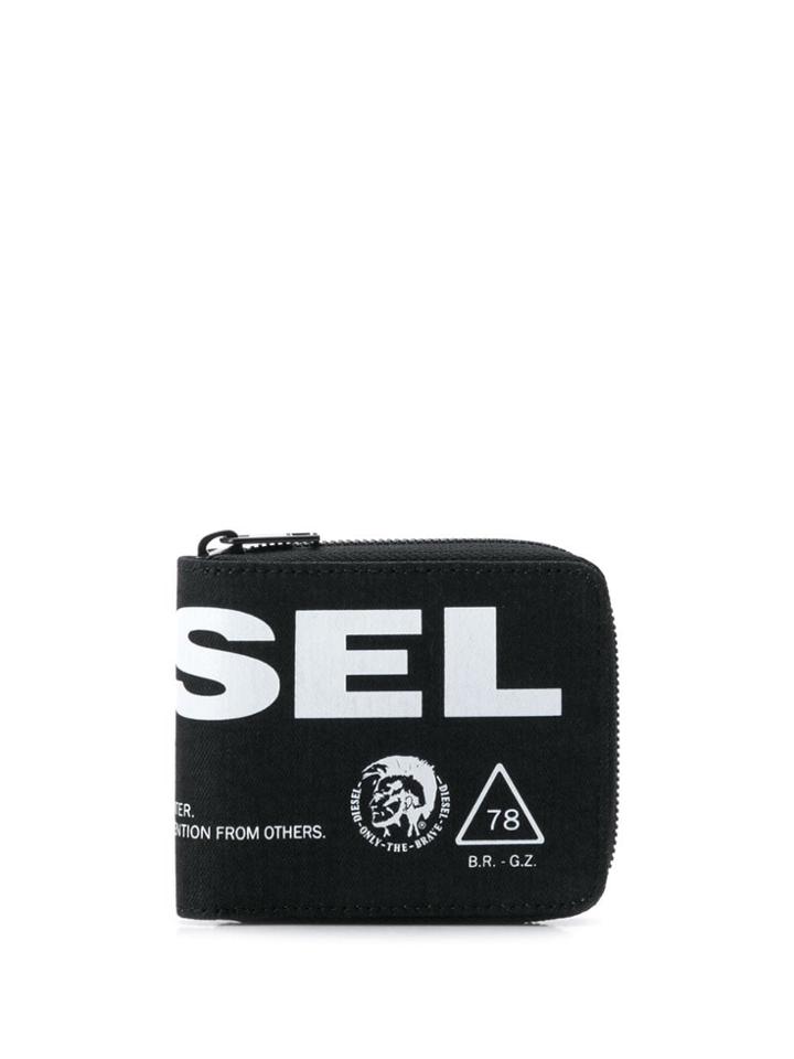 Diesel Logo Print Zip Wallet - Black