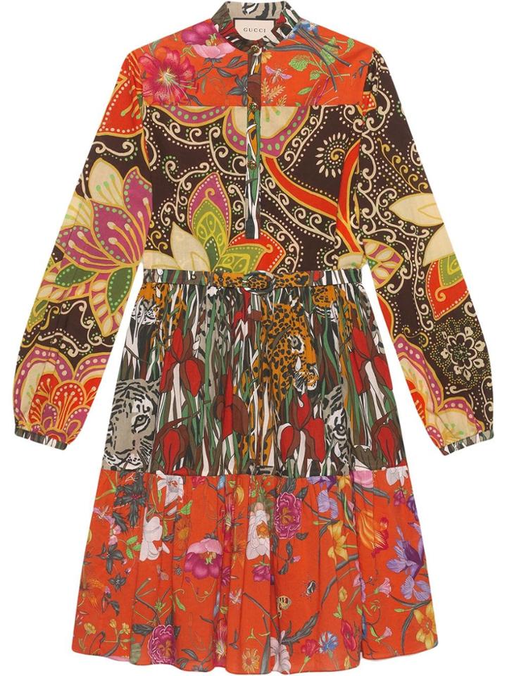 Gucci Patchwork Print Belted Dress - Orange