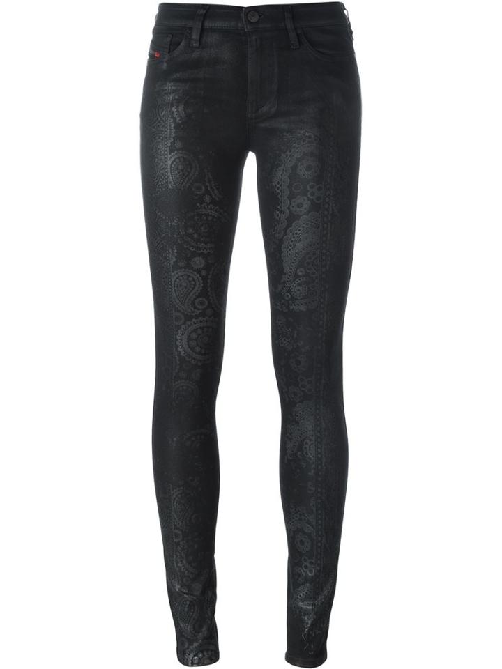 Diesel Paisley Coated Jeans, Women's, Size: 28, Black, Cotton/polyester/spandex/elastane