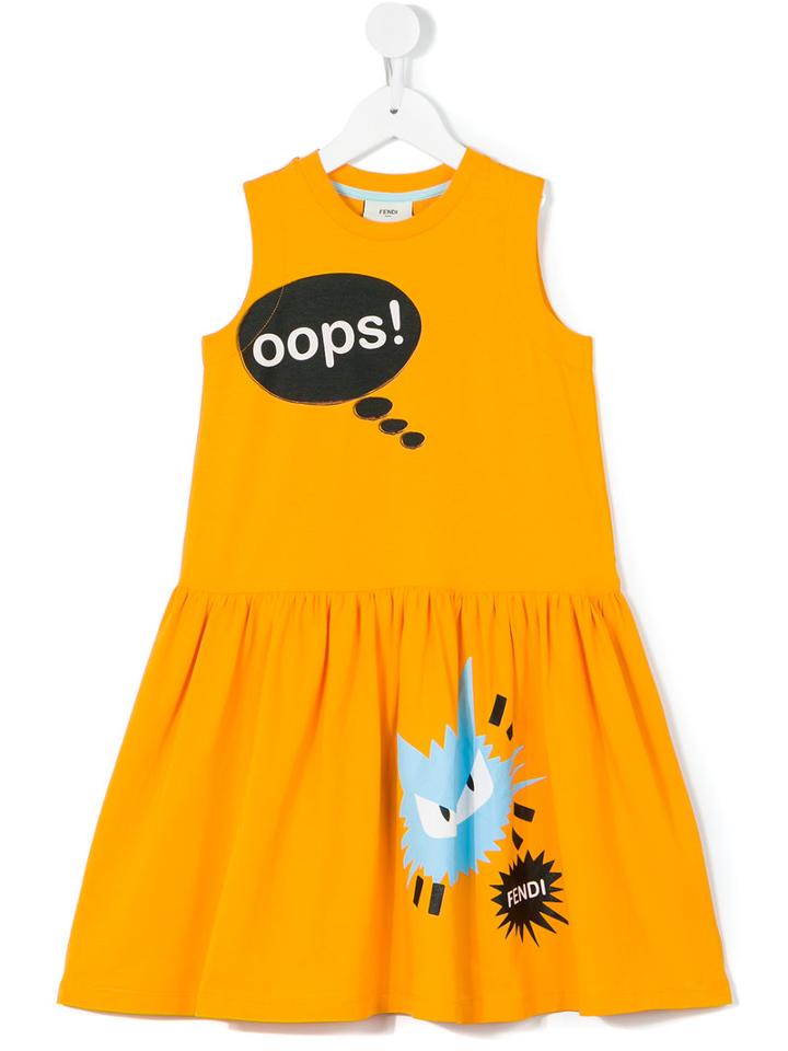 Fendi Kids Oops! Cat Print Dress, Toddler Girl's, Size: 4 Yrs, Yellow/orange