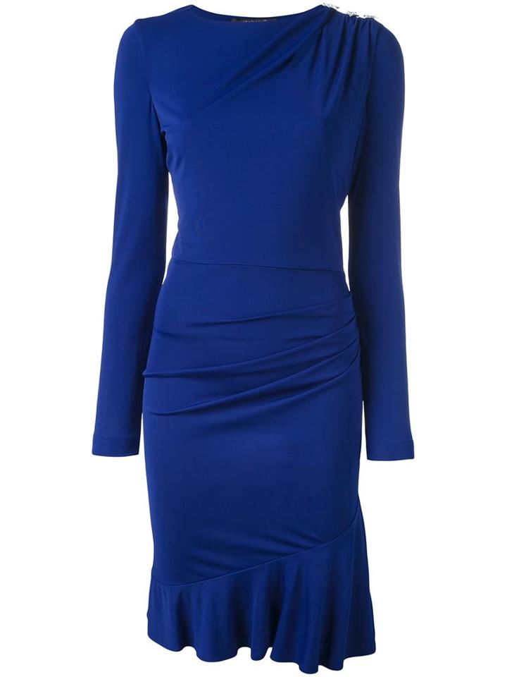 Roberto Cavalli Drop Waist Ruched Shoulder Dress, Women's, Size: 44, Blue, Viscose/silk