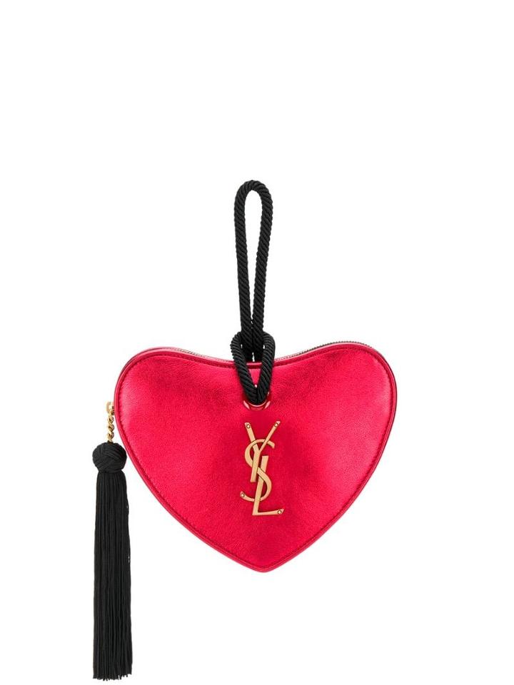 Saint Laurent Monogram Heart Metallic Clutch - Red