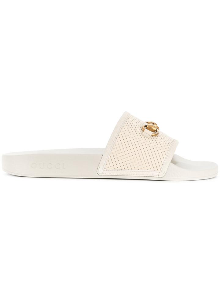 Gucci Embellished Pool Slides - White