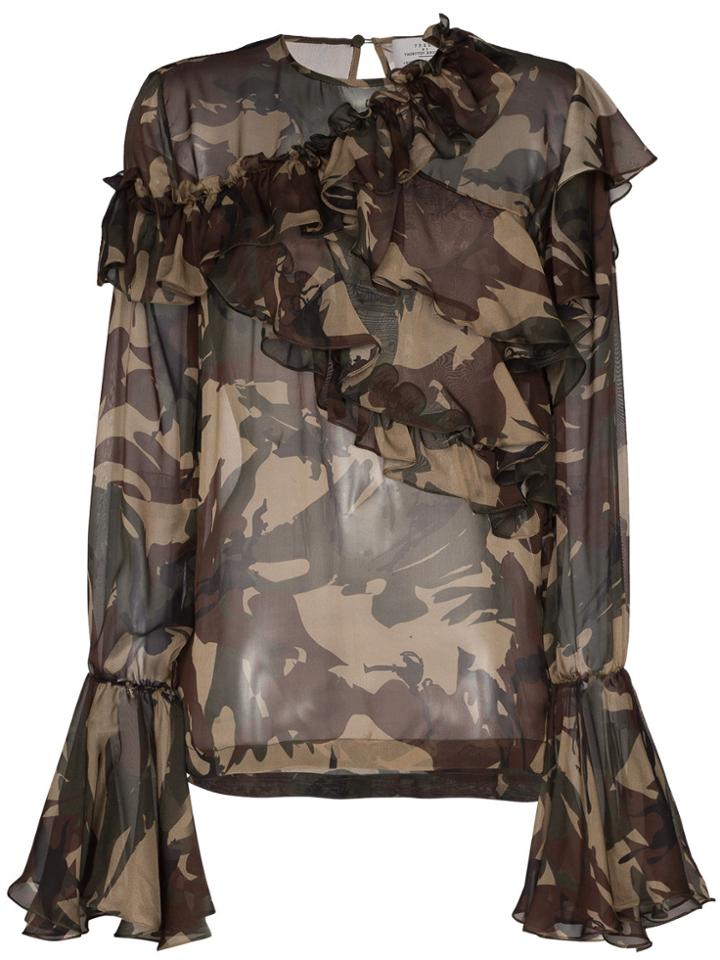 Preen By Thornton Bregazzi Bella Camouflage Print Silk Ruffle Blouse -