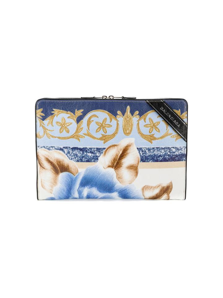 Balenciaga Blanket Floral-print Pouch, Women's, Blue, Leather