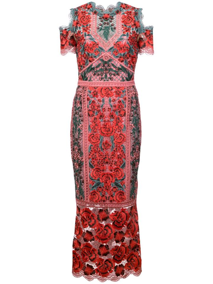 Marchesa Notte Embroidered Cold Shoulder Dress