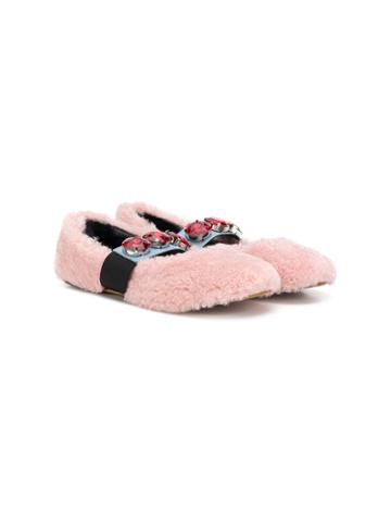 Marni Kids Embellished Shearling Ballerina Shoes - Pink