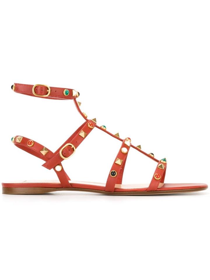 Valentino Rockstud Rolling Sandals, Women's, Size: 41, Red, Calf Leather/leather/turquoise
