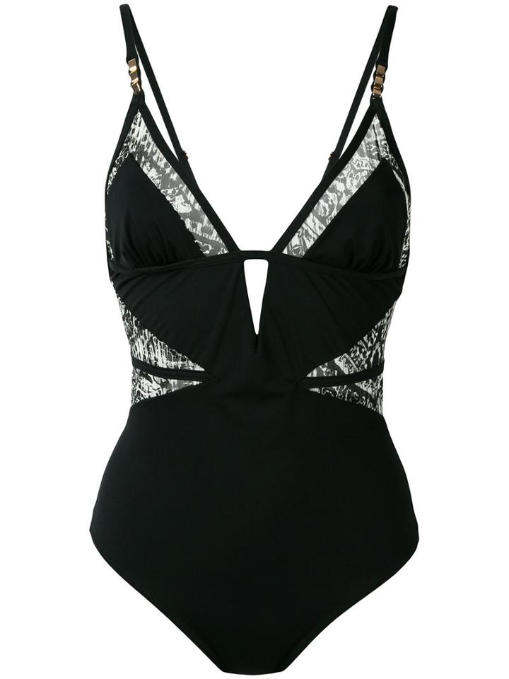 Evarae Sheer Printed Detail Swimsuit, Women's, Size: Large, Black, Polyamide/spandex/elastane