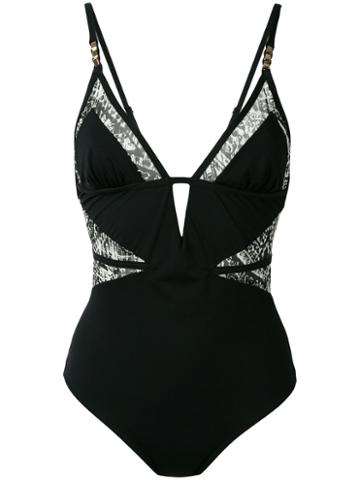 Evarae Sheer Printed Detail Swimsuit, Women's, Size: Large, Black, Polyamide/spandex/elastane