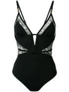Evarae Sheer Printed Detail Swimsuit, Women's, Size: Large, Black, Polyamide/spandex/elastane