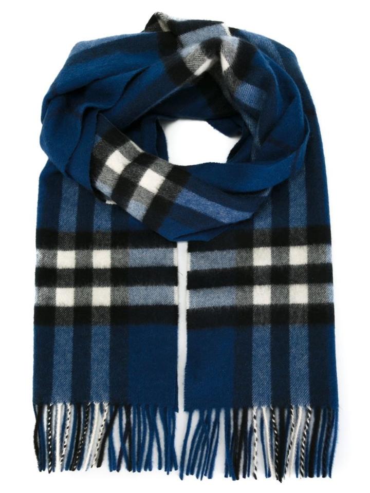 Burberry Checked Scarf, Women's, Blue, Cashmere
