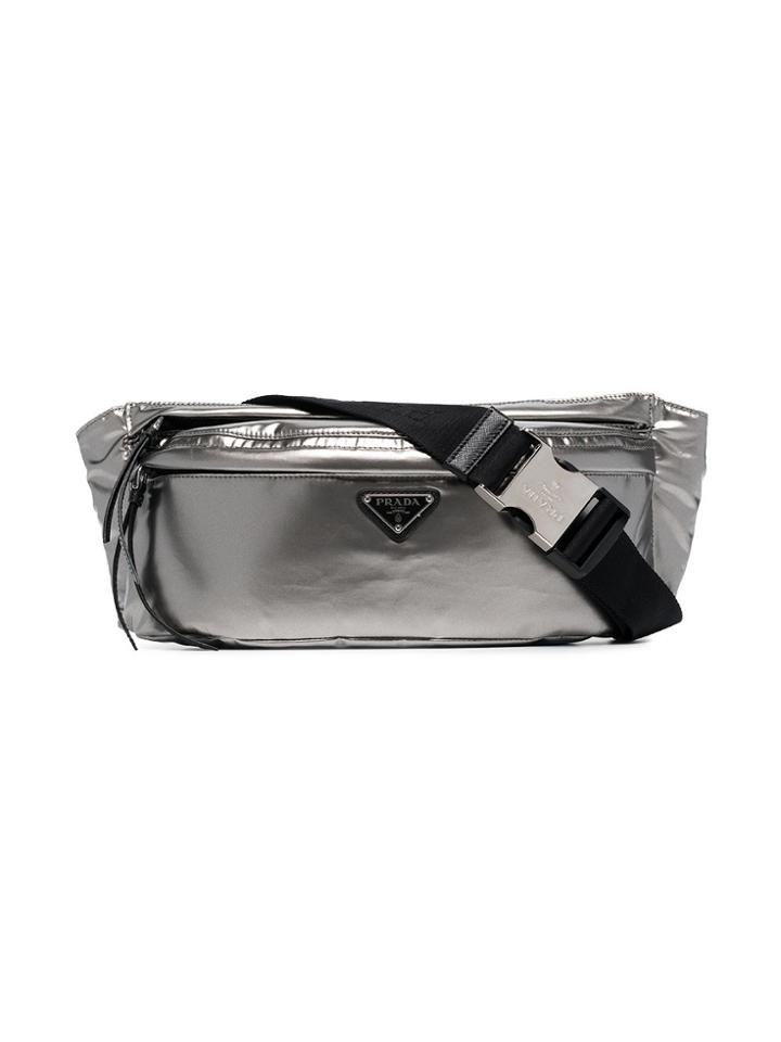 Prada Metallic Silver Logo Pu Belt Bag
