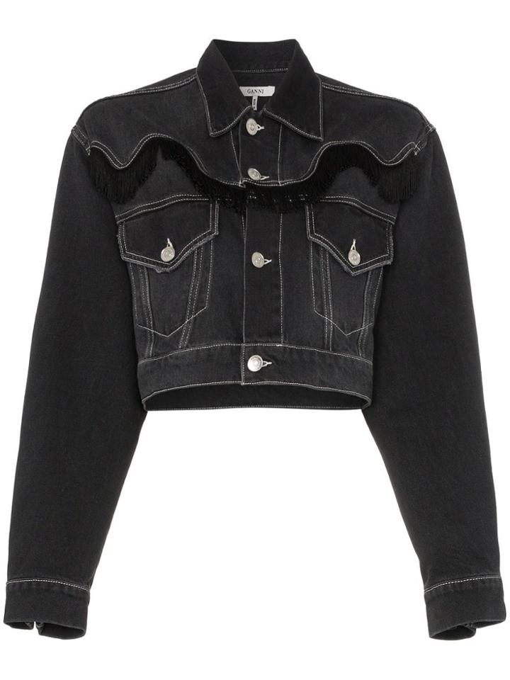 Ganni Rienzi Cropped Fringe Detail Denim Jacket - Black