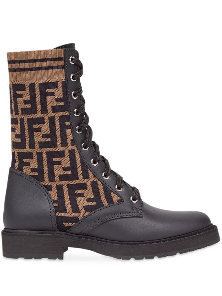 Fendi Black Rockoko Logo Combat Boots