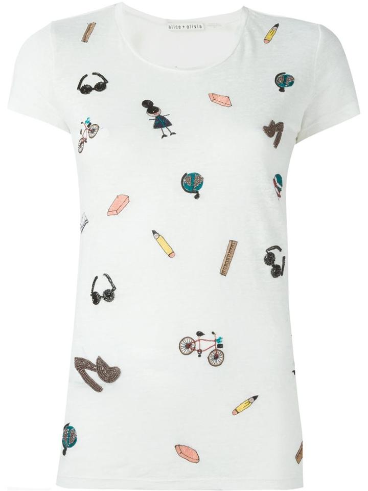 Alice+olivia Embroidered T-shirt, Women's, Size: Small, Nude/neutrals, Linen/flax