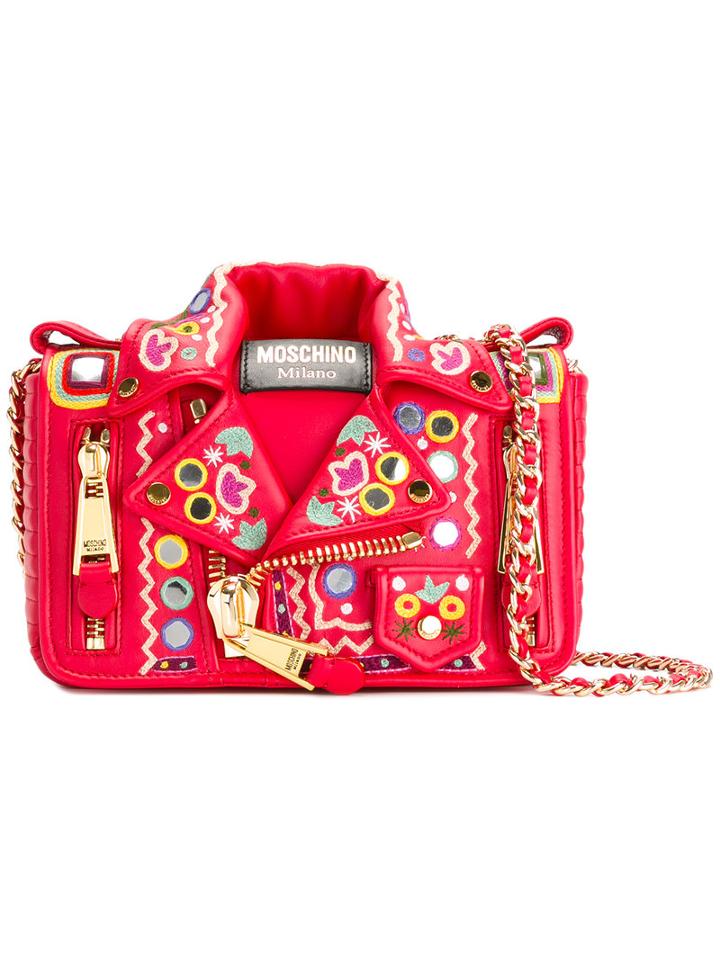 Moschino Biker Jacket Shoulder Bag, Women's, Red, Calf Leather/cotton