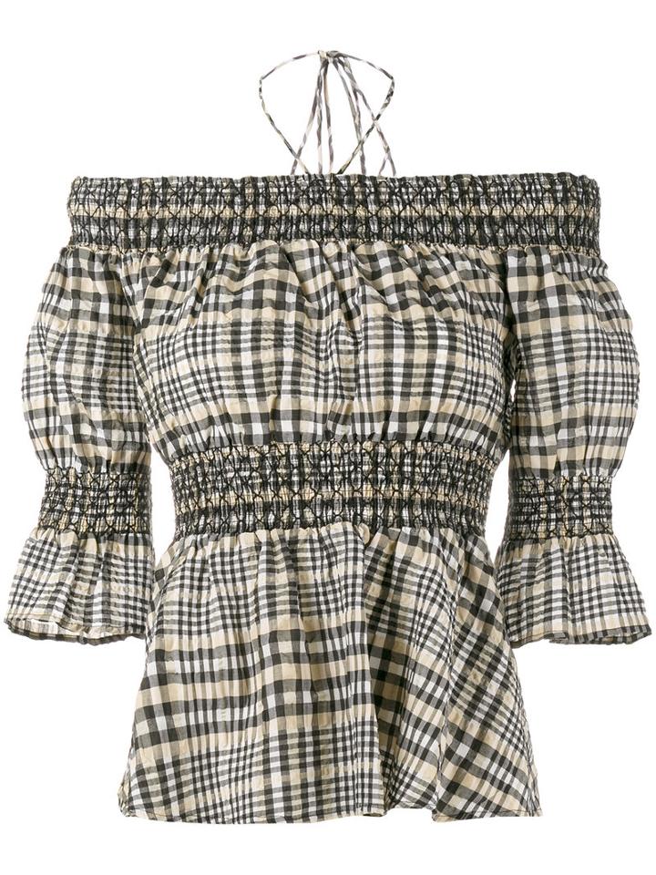 Ganni - Charron Check Off-shoulder Blouse - Women - Cotton/polyamide/polyester - 34, Brown, Cotton/polyamide/polyester