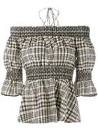 Ganni - Charron Check Off-shoulder Blouse - Women - Cotton/polyamide/polyester - 34, Brown, Cotton/polyamide/polyester