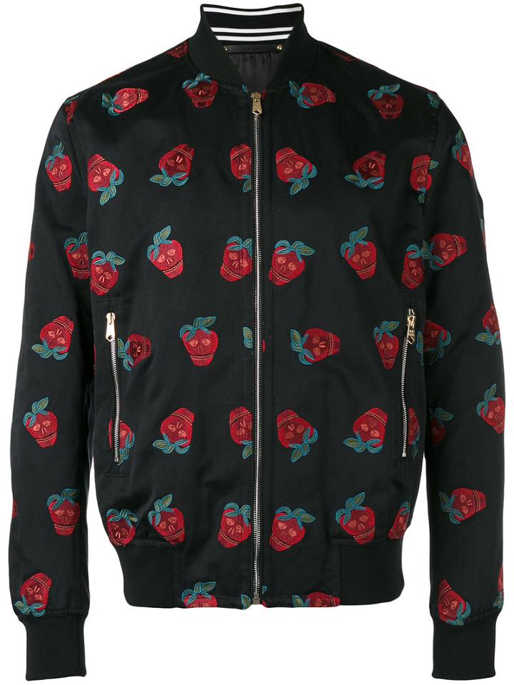 Paul Smith Embroidered Strawberries Bomber Jacket, Men's, Size: Large, Black, Cotton/linen/flax/cupro