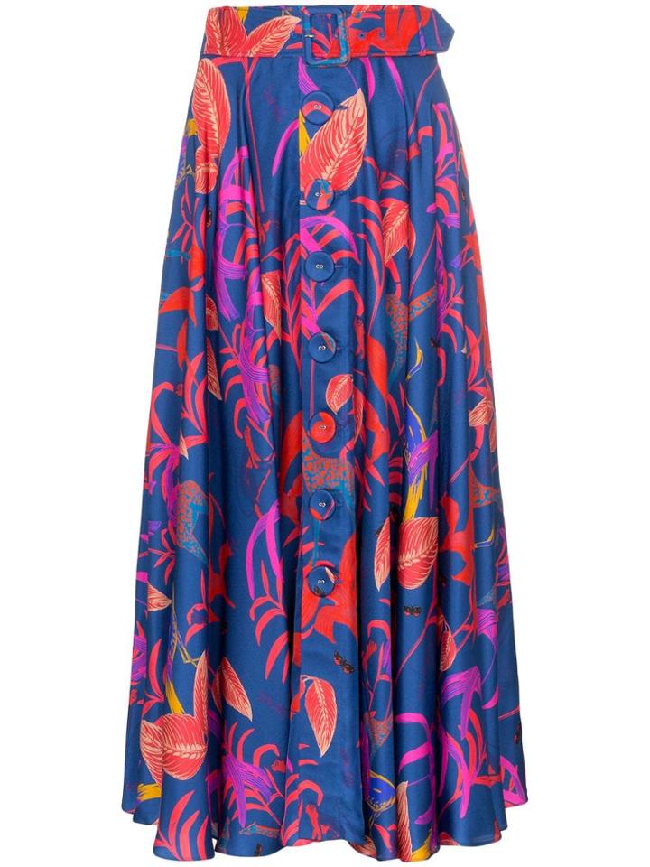 Borgo De Nor Leaf Print Belted Button-down Silk Skirt - Blue