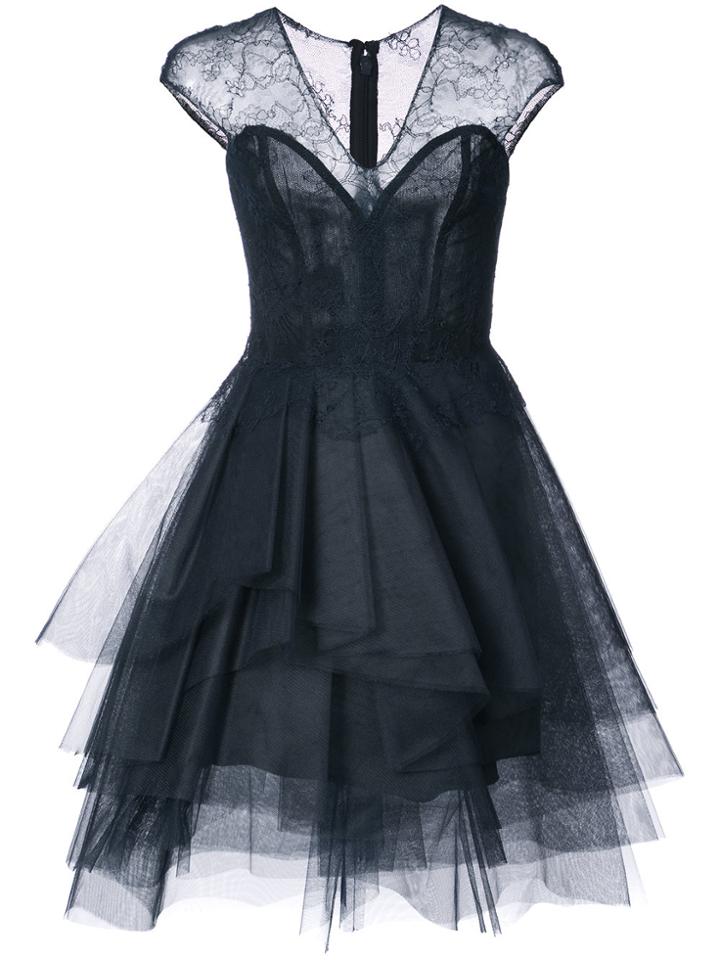 Monique Lhuillier Tulle Detail V-neck Dress - Black