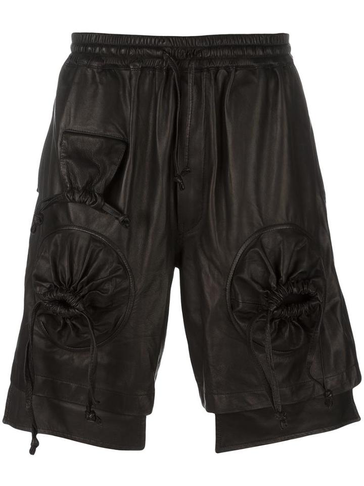 Ktz Round Gathered Leather Shorts, Men's, Size: Small, Black, Calf Leather