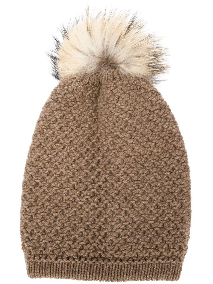 Inverni Racoon Fur Pompom Beanie, Women's, Brown, Cashmere/racoon Fur/merino
