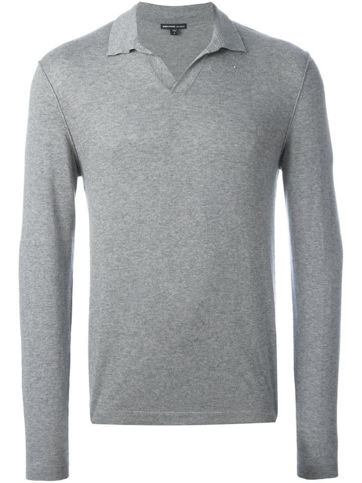 James Perse Knitted Long Sleeve Polo Shirt, Men's, Size: 2, Grey, Cotton/cashmere/wool