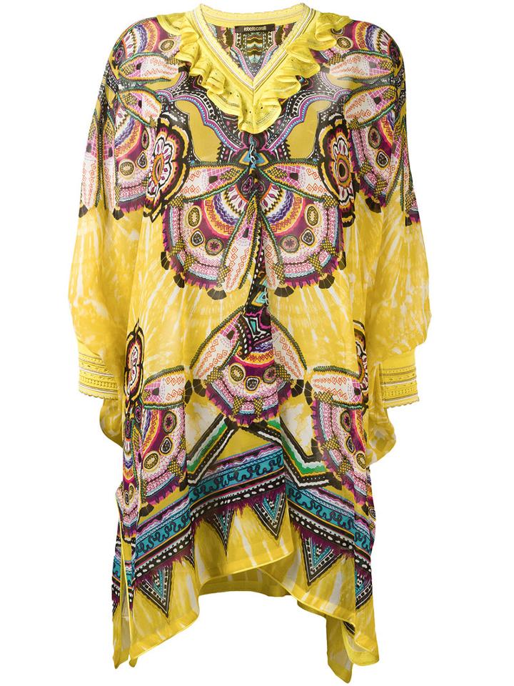 Roberto Cavalli Ruffled Neck Tunic, Size: 42, Yellow/orange, Silk/viscose/polyamide