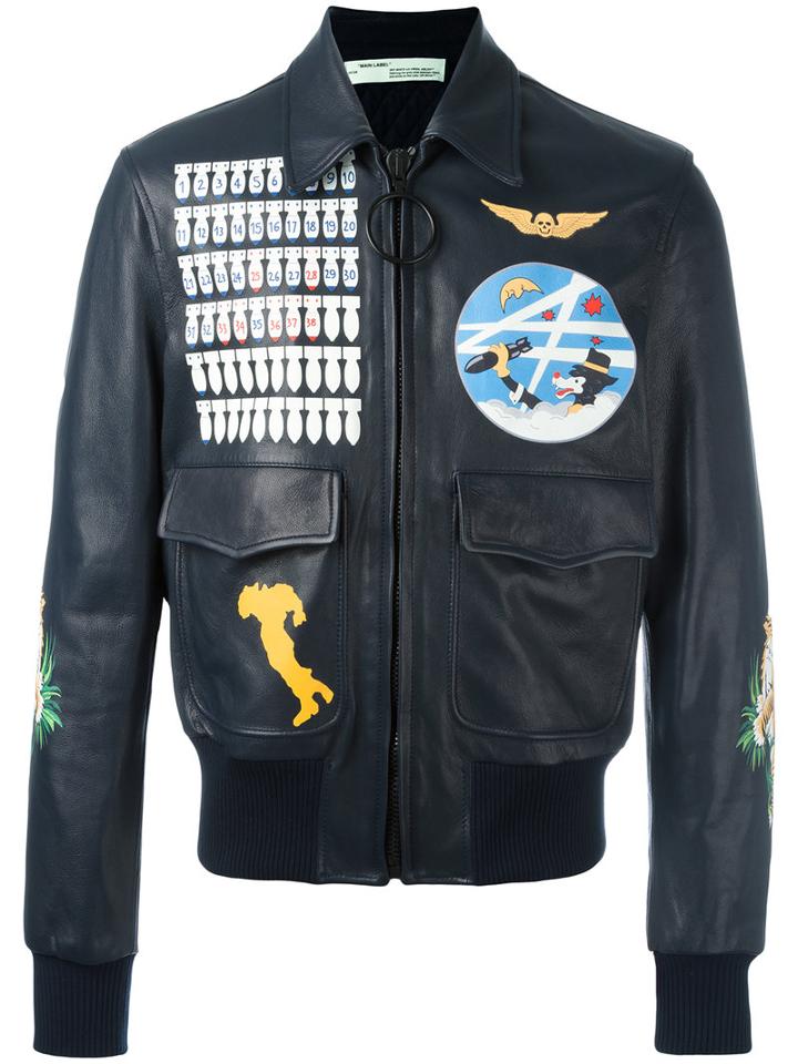 Off-white Multi Prints Leather Jacket, Men's, Size: Xl, Blue, Calf Leather/cotton