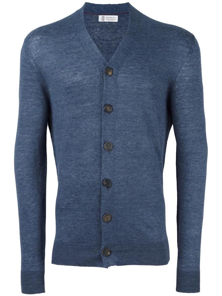 Brunello Cucinelli V-neck Buttoned Cardigan, Men's, Size: 50, Blue, Linen/flax/cotton