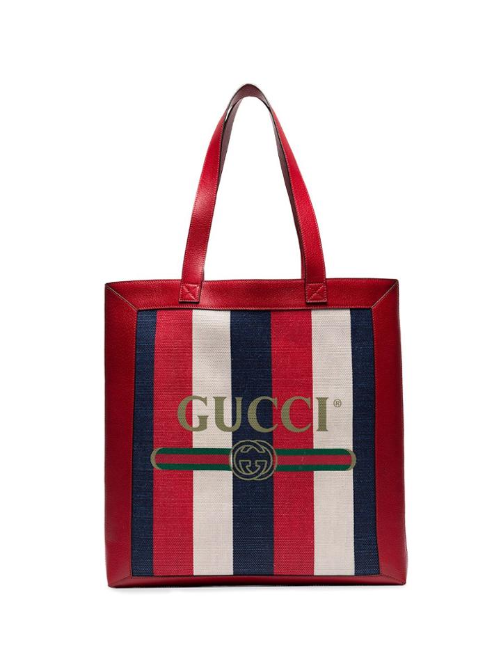 Gucci Red And Blue Logo Stripe Linen And Leather Tote