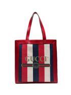 Gucci Red And Blue Logo Stripe Linen And Leather Tote