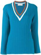 Marni Ribbed V-neck Jumper, Women's, Size: 42, Blue, Virgin Wool/polyamide