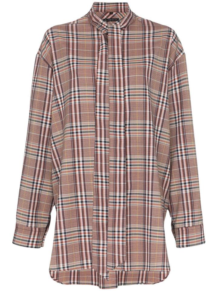 Blindness Tie Neck Tartan Print Wool Blend Shirt - Red