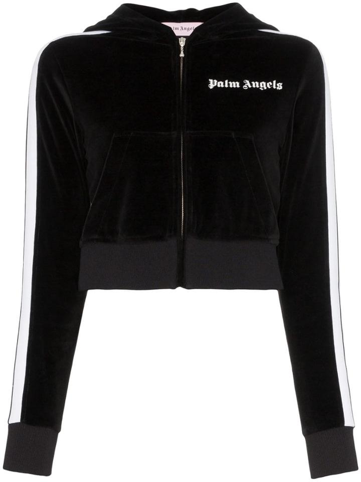 Palm Angels Logo Print Striped Chenille Cotton Blend Hoodie - Black