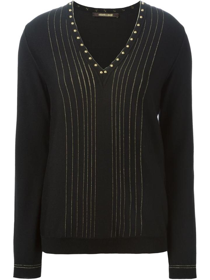 Roberto Cavalli Studded Pinstriped V-neck Sweater