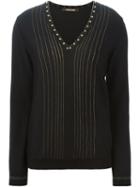 Roberto Cavalli Studded Pinstriped V-neck Sweater