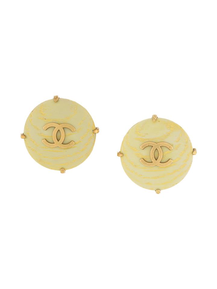 Chanel Vintage Round Wood Cc Earrings - Yellow & Orange