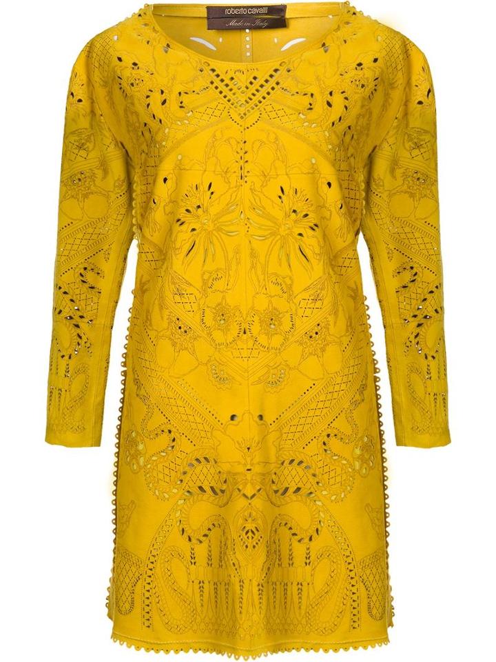 Roberto Cavalli Laser Cut Dress, Women's, Size: 40, Yellow/orange, Lamb Skin