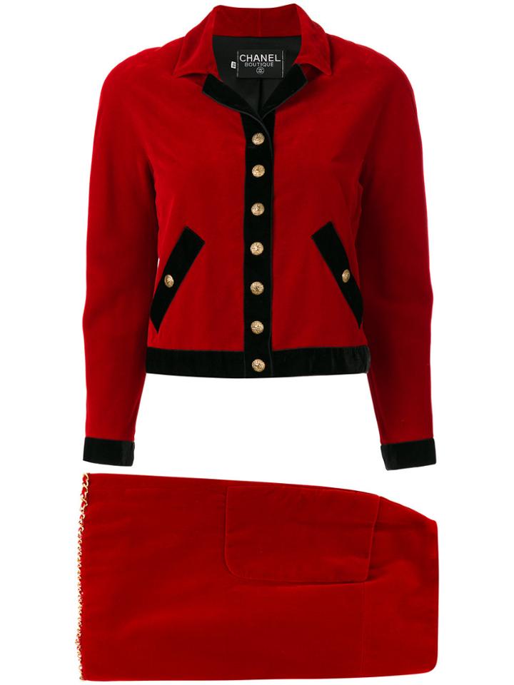 Chanel Vintage Velvet Fitted Skirt Suit - Red