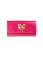 Gucci Leather Continental Wallet With Butterfly - Pink & Purple